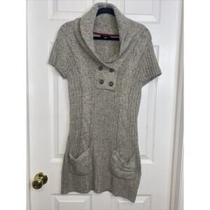 Tommy Hilfiger Gray Tunic Sweater Dress Med Shawl Collar Pockets 0532-V